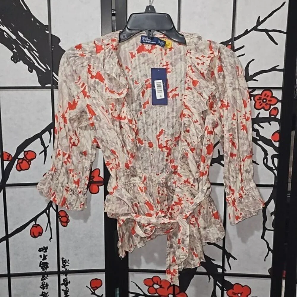 Polo Ralph Lauren Ruffled Floral Cotton Wrap Top Size XS NWT